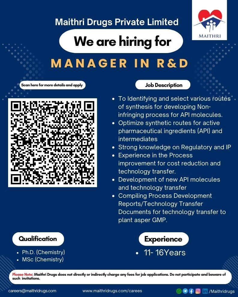 Maithri Drugs Private Limited Is Hiring for Manager (R&D)