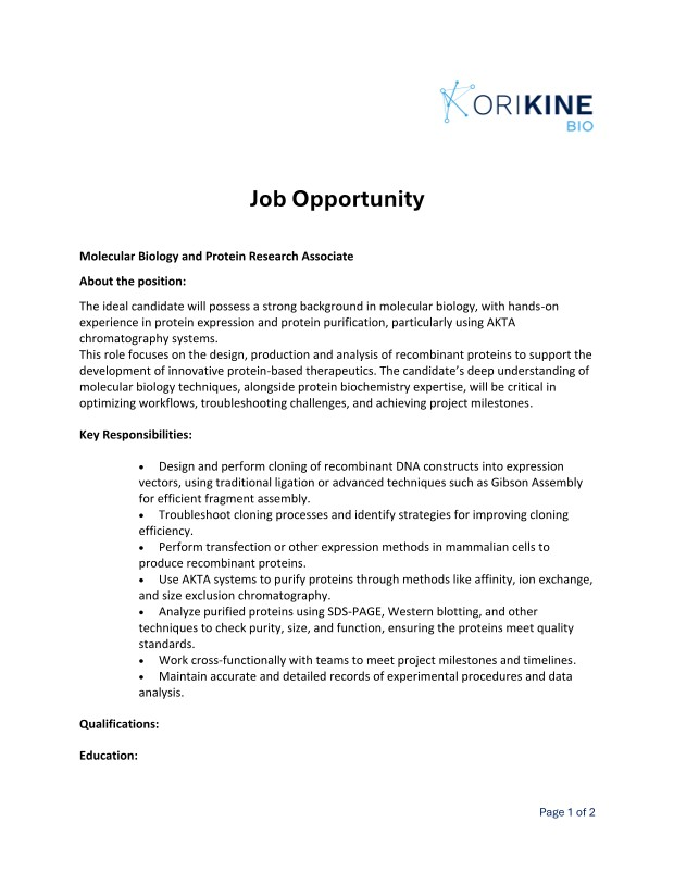 Korikine Bio - Hiring for Molecular Biology and Protein Research Associate