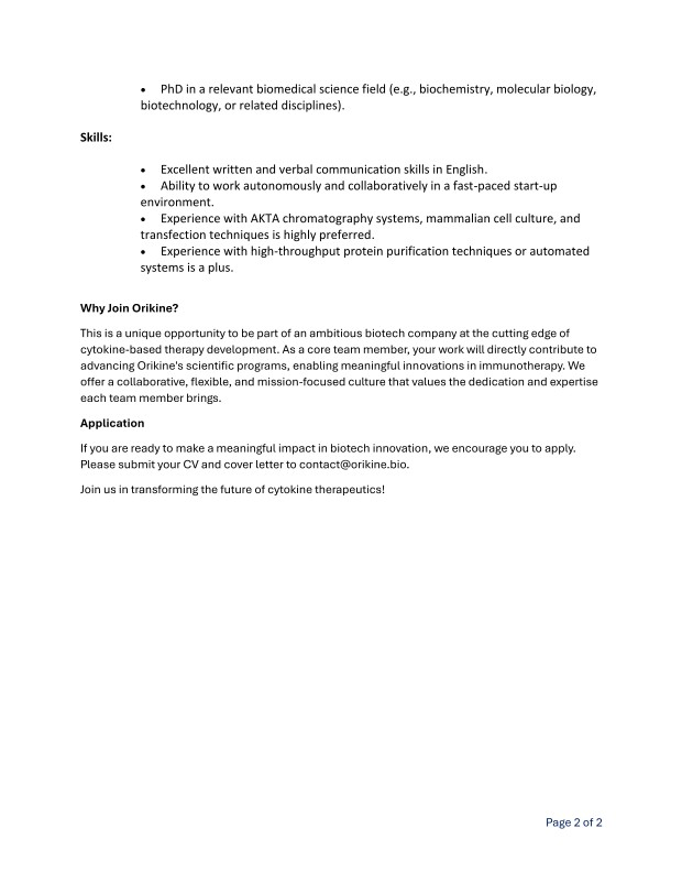Korikine Bio - Hiring for Molecular Biology and Protein Research Associate