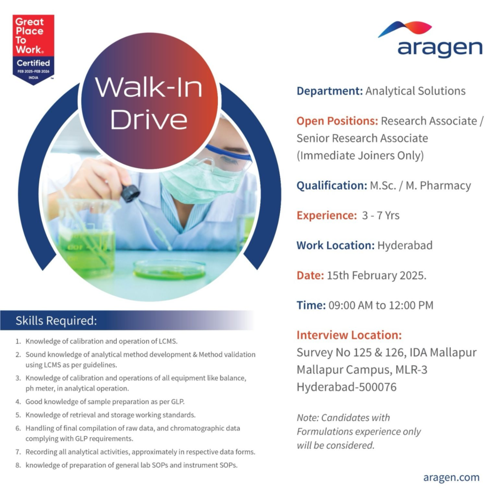 Aragen Life Sciences – Walk-In Drive for Research Associate / Senior Research Associate