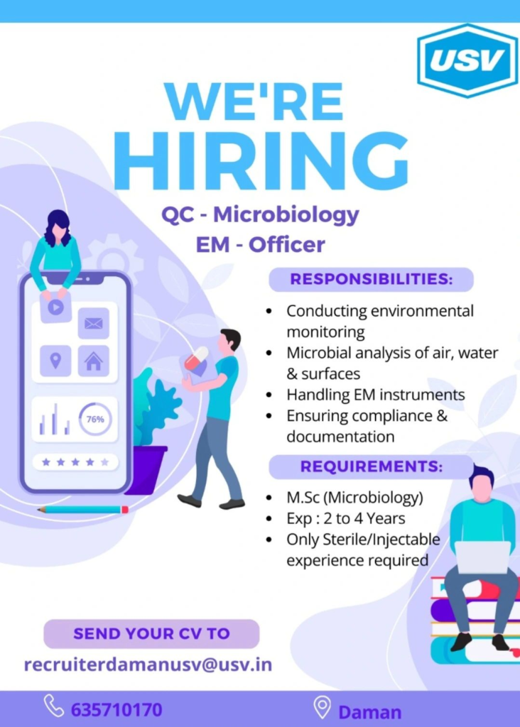 USV Hiring Alert - Urgent Job Openings for QC Microbiology (Environmental Monitoring) Officer