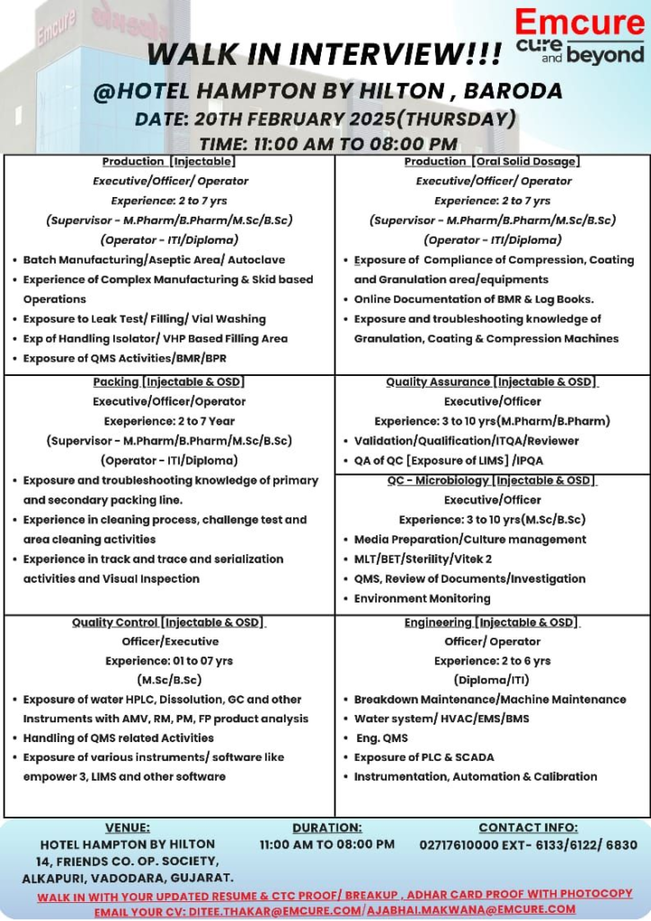 Emcure Pharmaceuticals - Walk-In Interviewson 20th Feb