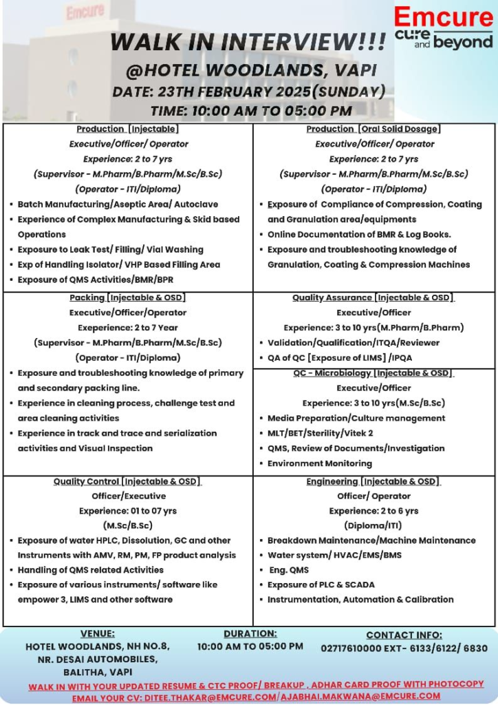 Emcure Pharmaceuticals - Walk-In Interviews on 23rd Feb