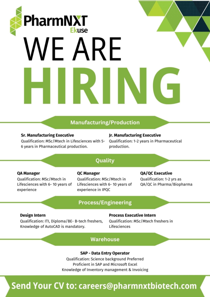 PharmNXT Ekuse - Hiring for Manufacturing & Production, Quality Assurance & Quality Control, Engineering and Warehouse