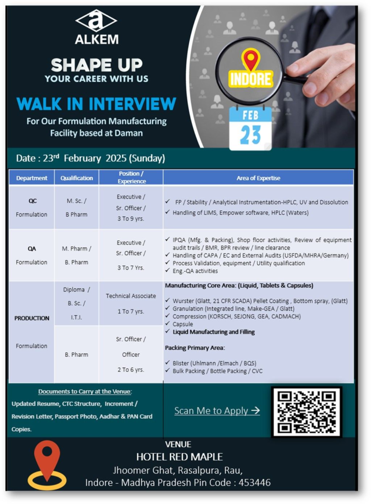 ALKEM - Walk-In Interview for QA, QC and Production on 23rd Feb