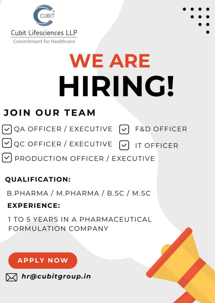 Cubit Lifesciences - Job Openings for QA Officer, Executive, IT Officer, QA and Production (1-5 Years Exp.)