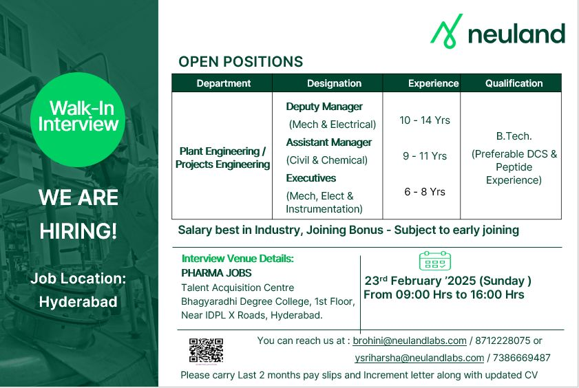 Neuland - Walk-In Interview for Plant Engineering and Projects Engineering Positions!
