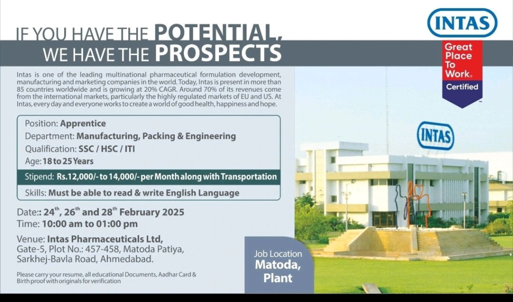 Intas Pharmaceuticals Ltd - Walk-in Interview for Apprentice Positions