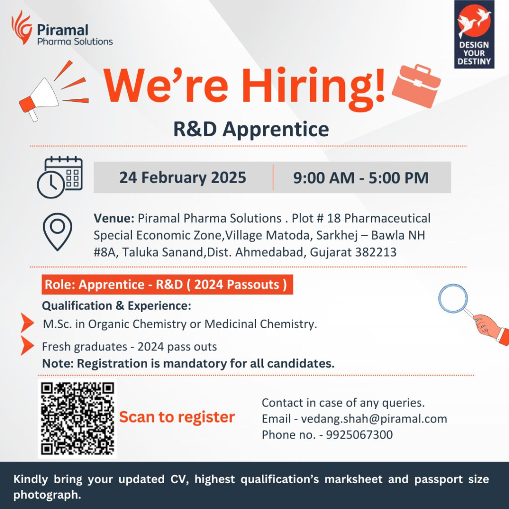 Piramal Pharma Solutions Is Hiring an R&D Apprentice on 24th Feb