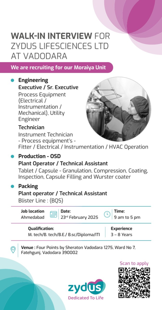 Zydus Lifesciences Ltd - Walk in Interview for Engineer, Packing and Production at Vadodara