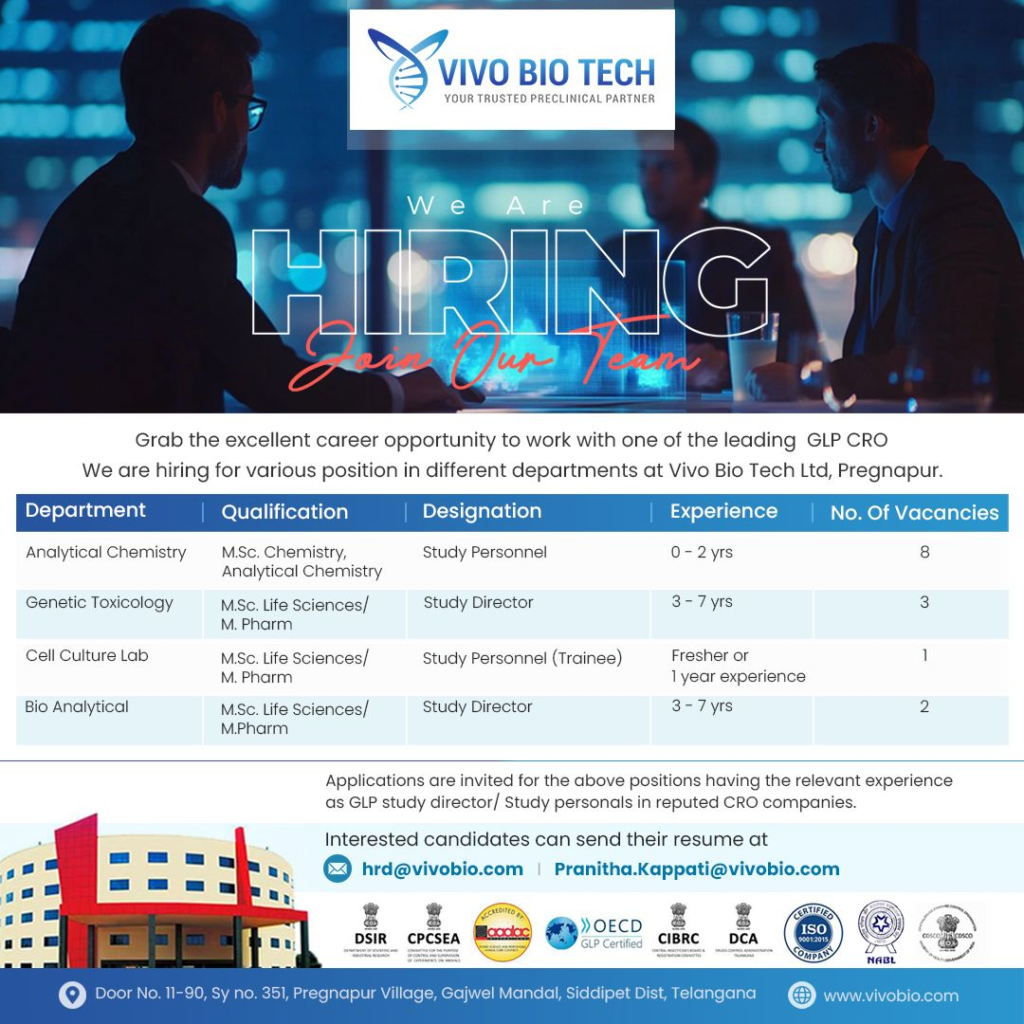 Vivo Bio Tech - Urgent Hiring for NABL, Bio Analytical and Cell Culture Lab