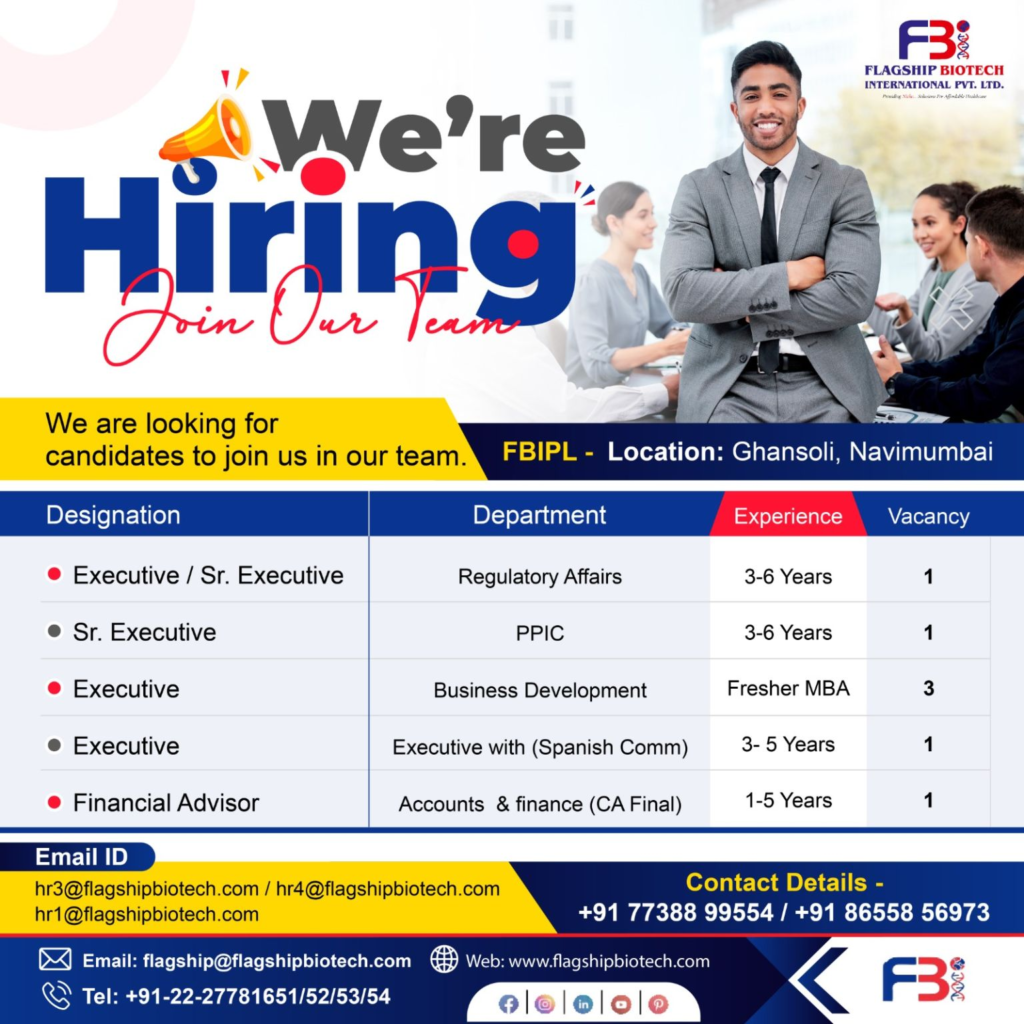Flagship Biotech International - Job Openings for Regulatory Affairs, Accounts & Finance
