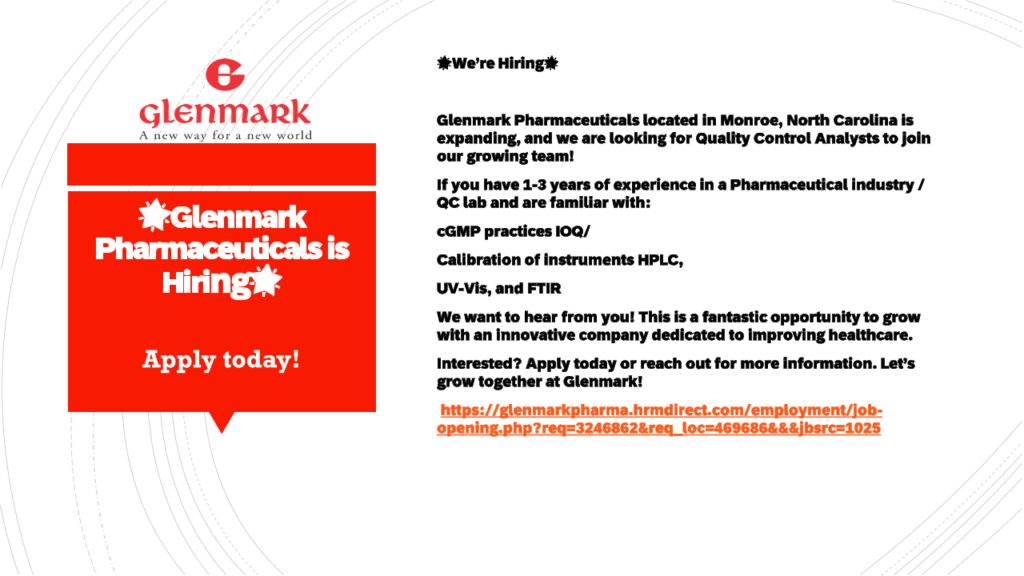 Glenmark Pharmaceuticals Hiring