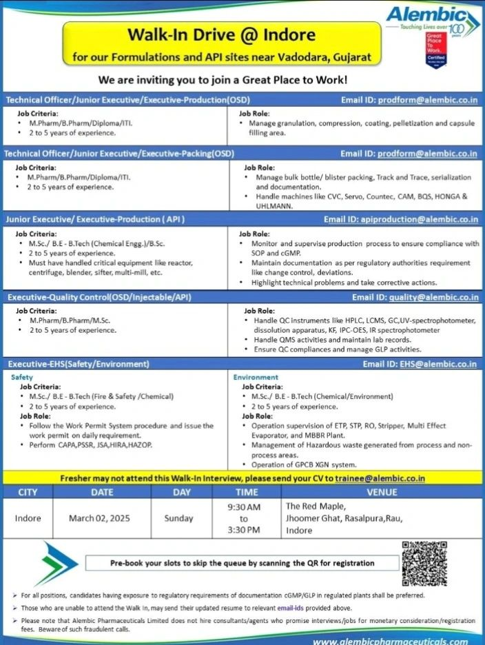 Alembic Pharmaceuticals - Walk-In Drive @ Indore for Formulations and API Sites near Vadodara, Gujarat