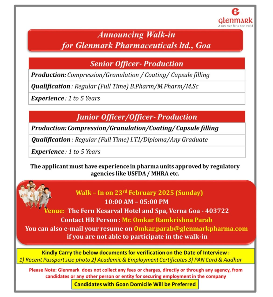Glenmark Pharmaceuticals Ltd - Walk in Drive for Sr. Officer / Jr. Officer - Production