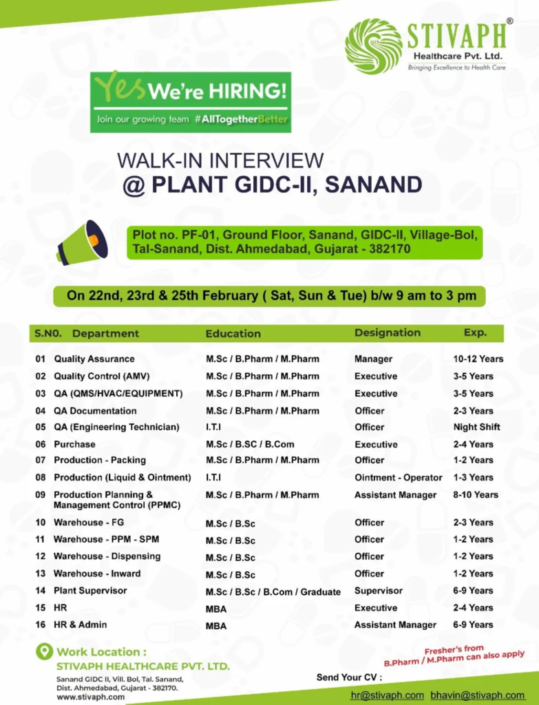 STIVAPH Healthcare - Walk in Interview for Production / Packing / QA / QC / Warehouse / HR and Administration (0-2 Years Exp.)
