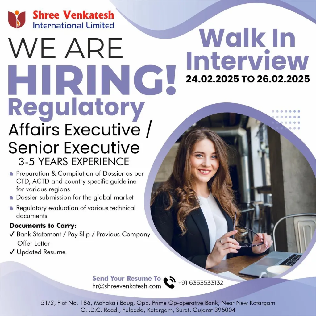 Shree Venkatesh International Limited - Hiring for Regulatory Affairs Executive/Senior Executive Positions