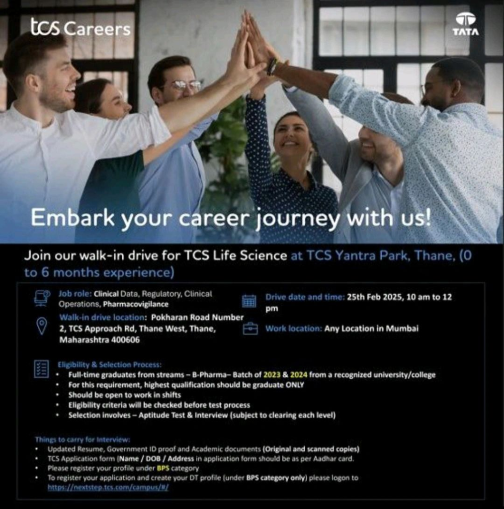 TATA Consultancy Services - Hiring for Clinical Data, Regulatory, Clinical Operations, Pharmacovigilance on 25th Feb