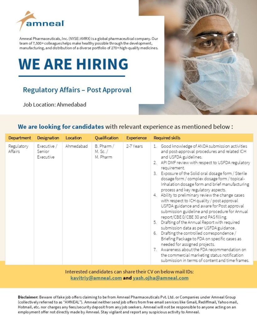 Amneal Pharmaceuticals - Hiring for Regulatory Affairs - Post Approval in Ahmedabad