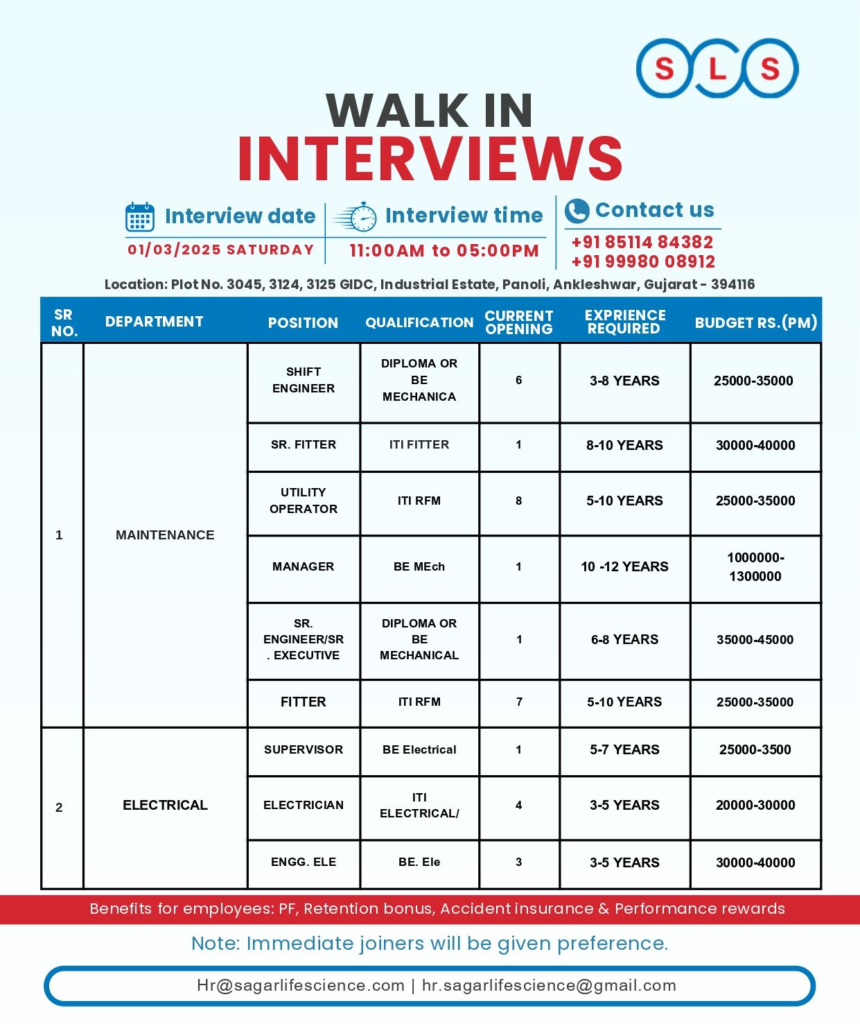 Sagar Life Science - Walk in Interview for Maintenance / Production / EHS & Quality Assurance
