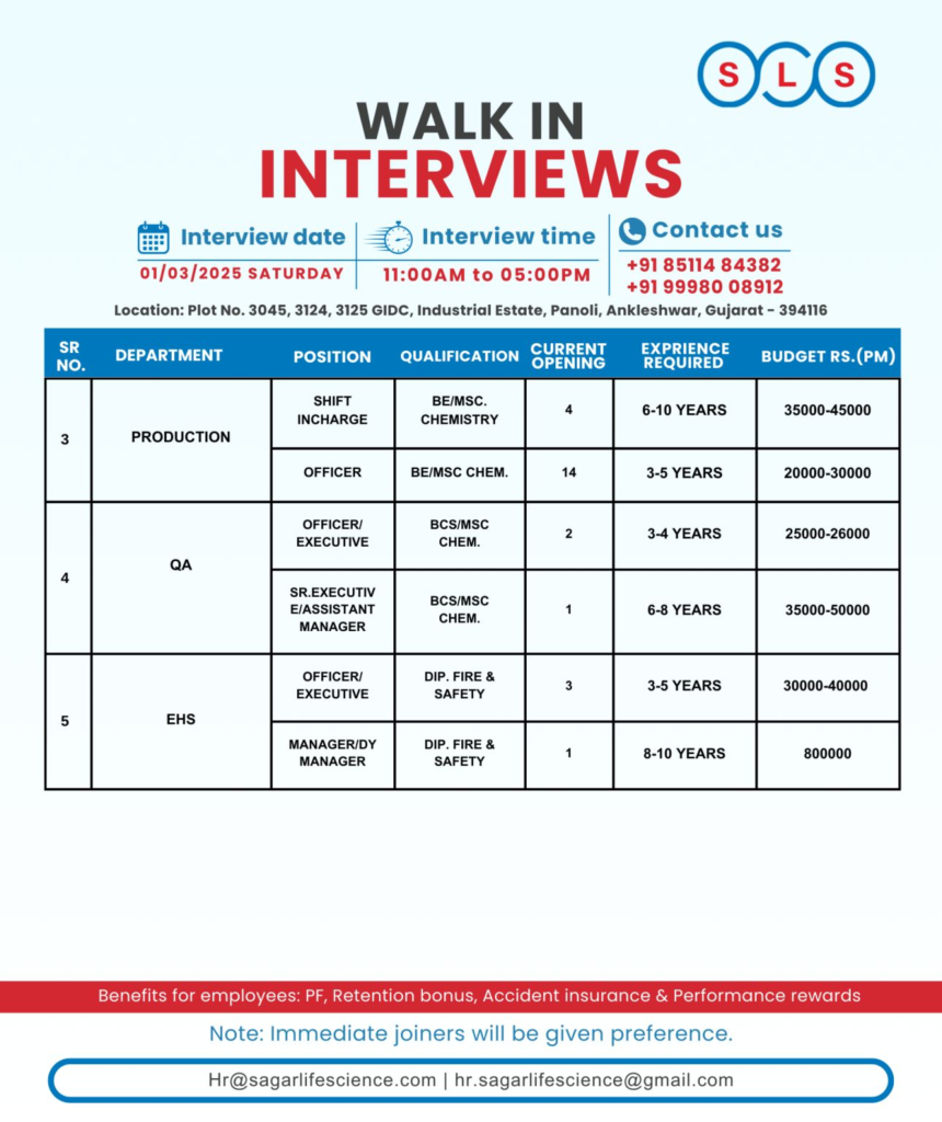 Sagar Life Science - Walk in Interview for Maintenance / Production / EHS & Quality Assurance