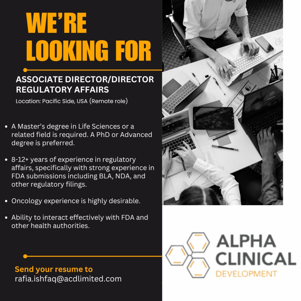 Alpha Clinical Development Hiring for Associate Director / Director - Regulatory Affairs (Remote, USA)