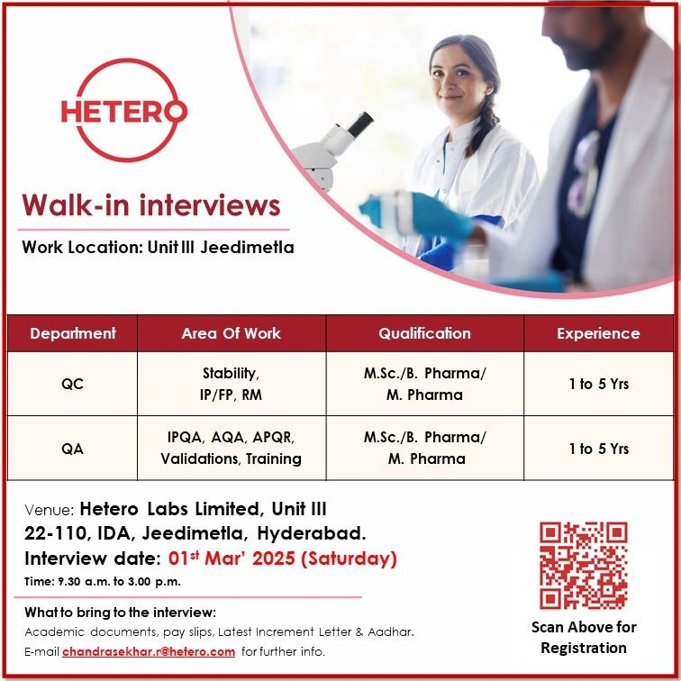 HETERO - Walk-in Interviews for QC & QA - Hyderabad