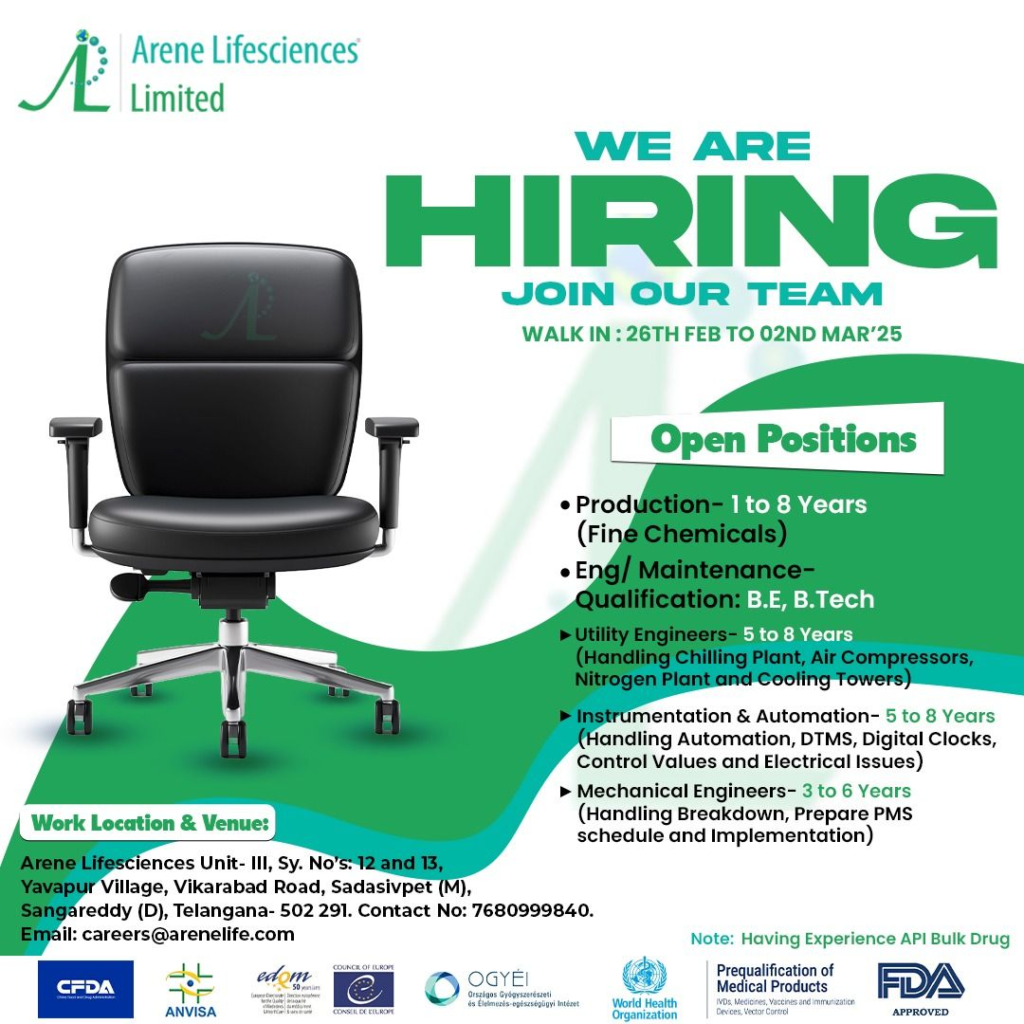 Arene Lifescience Limited Walk in Interview for Multiple Positions