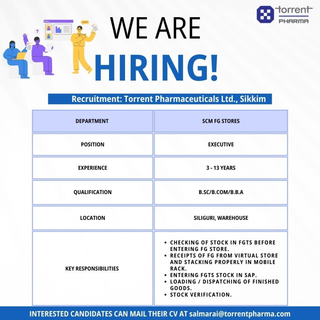 Torrent Pharmaceuticals Ltd Hiring Executive for SCM FG Stores (3-13 Years Exp.)
