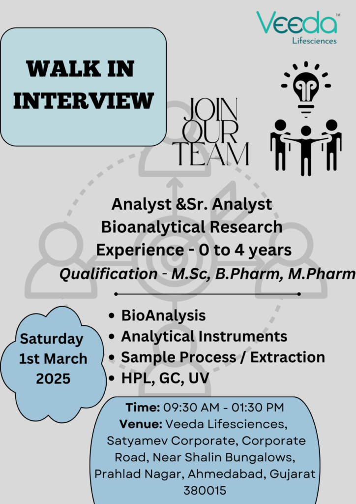 Veeda Lifescience Walk In Interview for Analyst & Senior Analyst - Bioanalytical Research