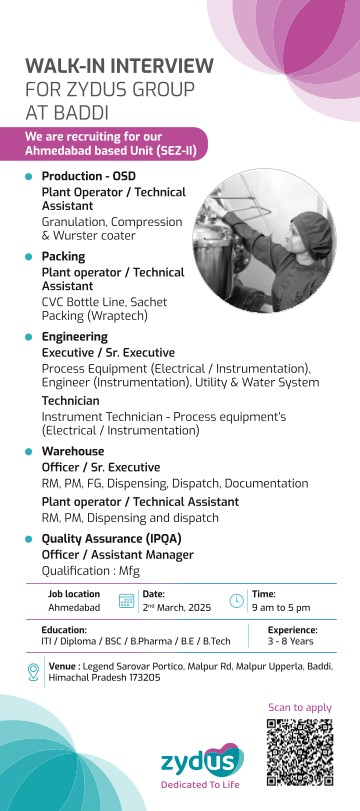 Zydus Group Walk-in Interview at Baddi on 2nd March