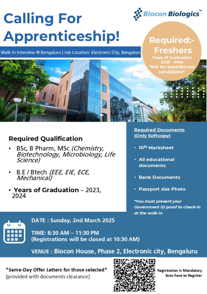 Calling for Apprenticeship – Walk-In Interview at Biocon Biologics