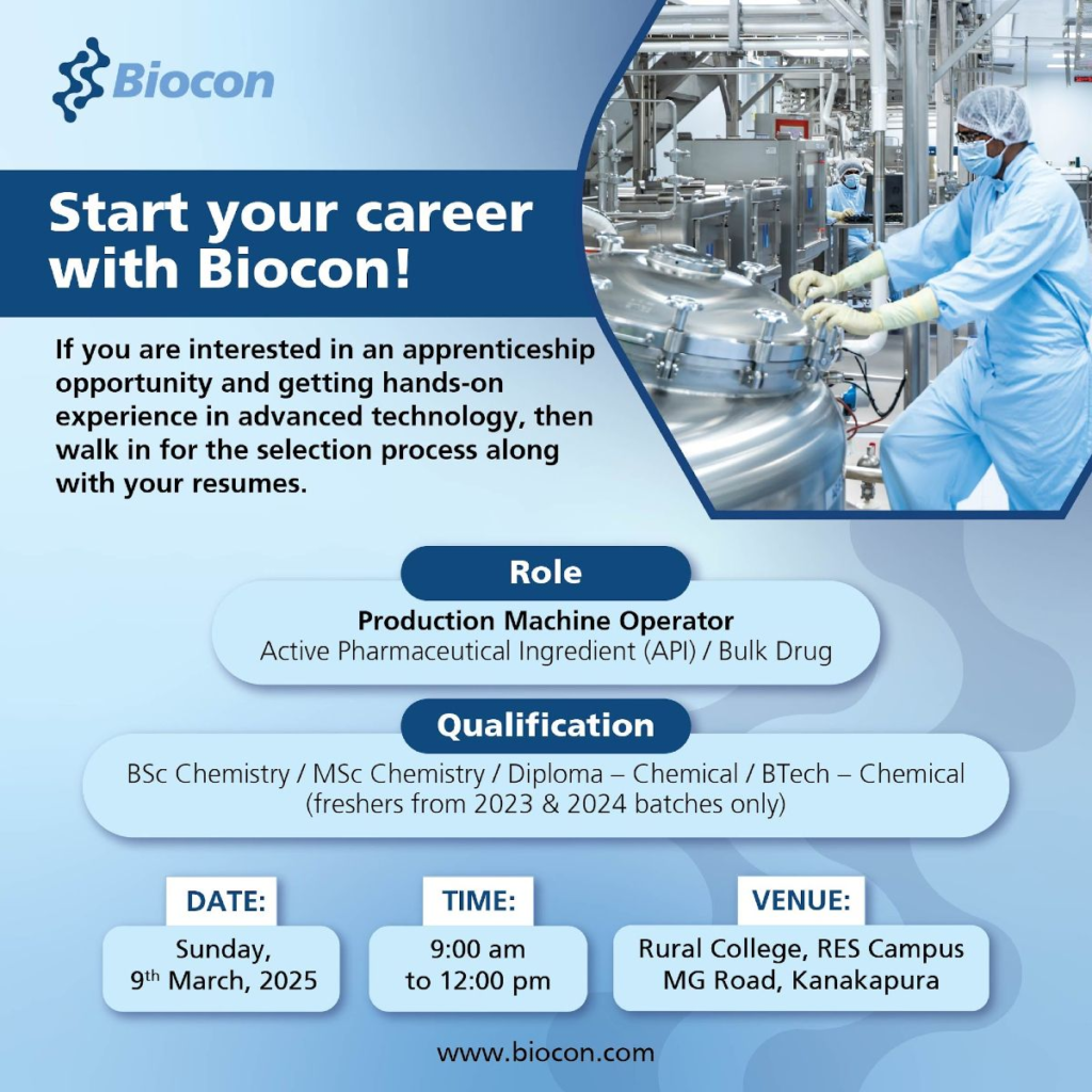 Biocon Walk in Interview for Production Machine Operator