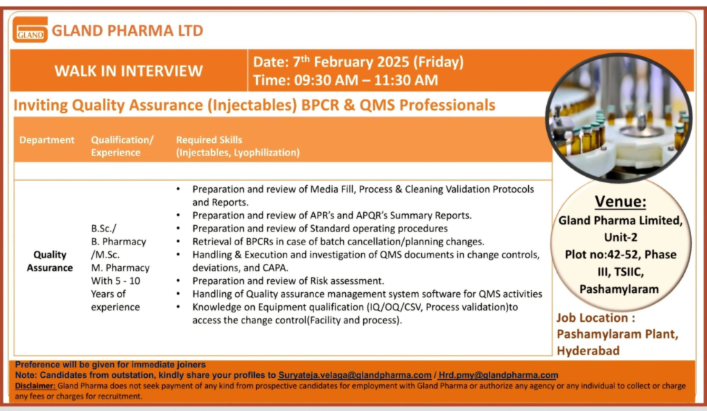 Gland Pharma Ltd - Walk in Interview for B.Sc./B. Pharmacy/M. Pharmacy/M.Sc. Candidates