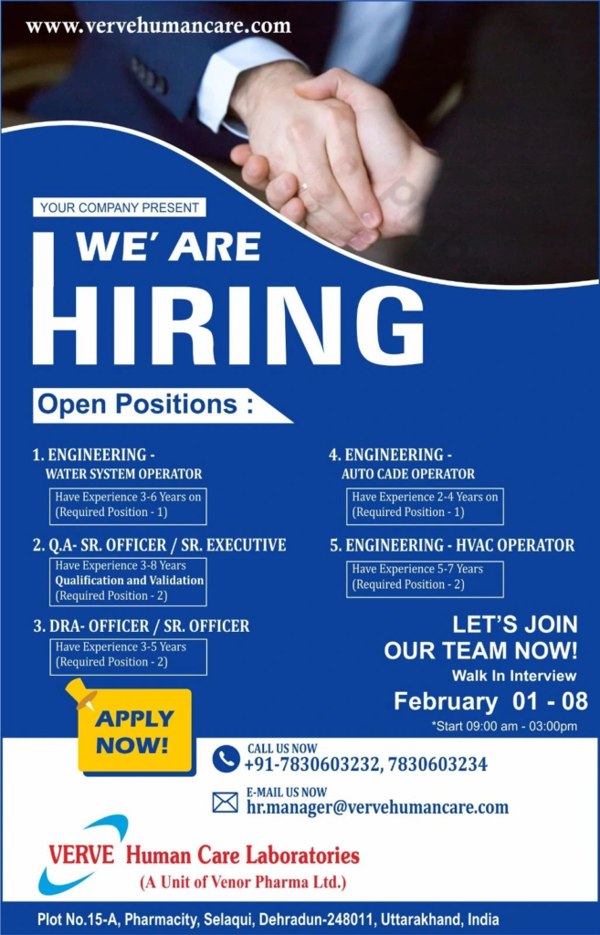 VERVE Human Care Laboratories - Urgent Hiring for Engineering, QA, and DRA Officer