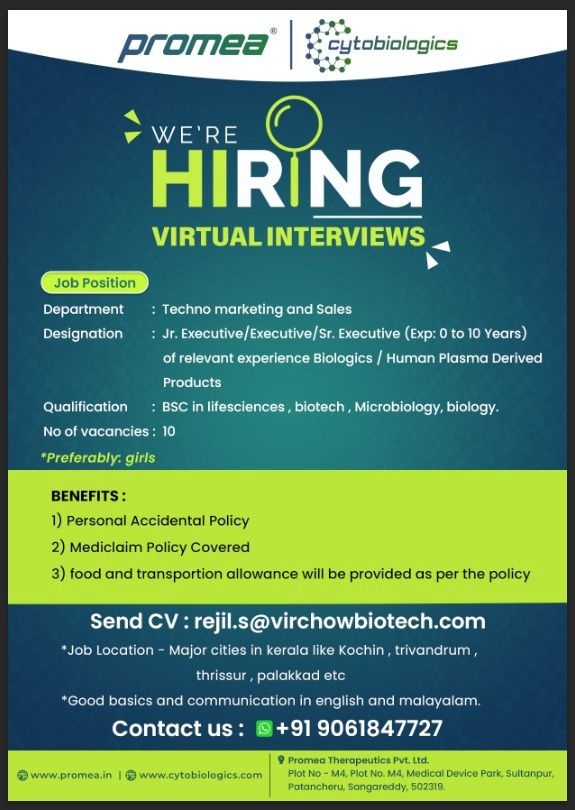 Virchow Biotech (Promea Therapeutics) Hiring Freshers for Jr. Executive/Executive/Sr. Executive