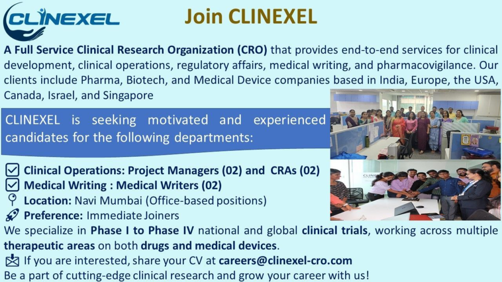 CLINEXEL is Hiring for Clinical Operations and Medical Writing