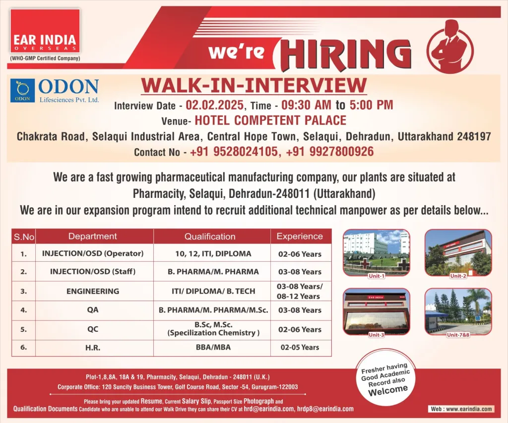 ODON Lifesciences (EAR India) Walk-In Interviews