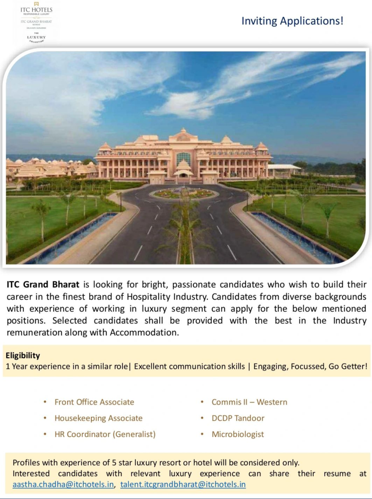 ITC Grand Bharat - Urgent Hiring for Microbiologist, HR Coordinator (Generalist) and More