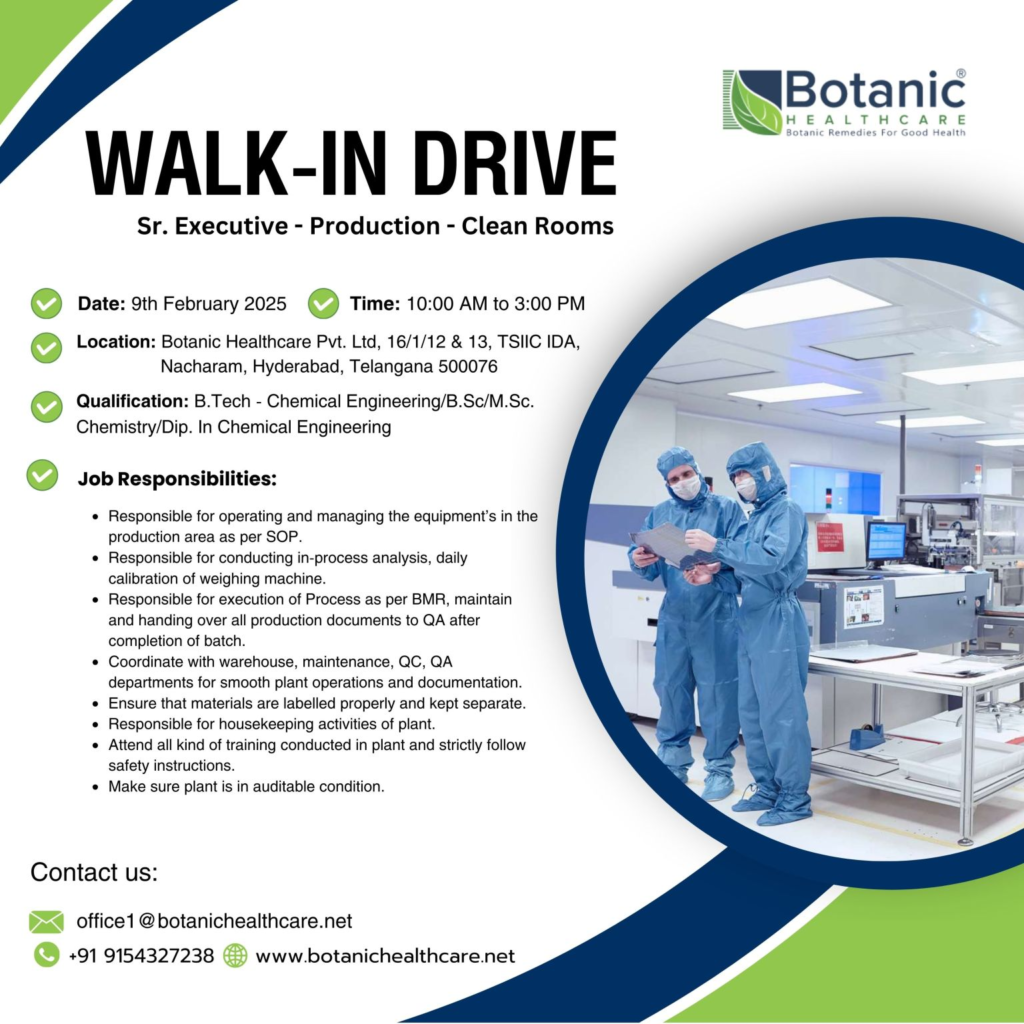 Botanic Healthcare - WALK-IN DRIVE for Sr. Executive - Production - Clean Rooms