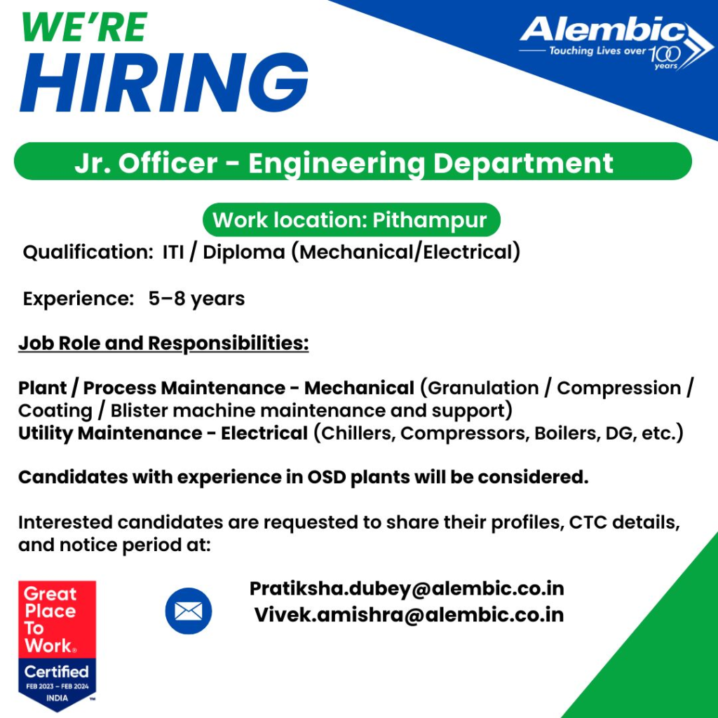 Alembic Pharmaceuticals - Hiring Jr. Officer - Engineering Department