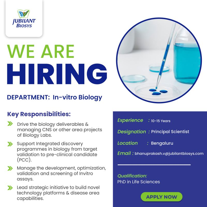 JUBILANT BIOSYS - WE ARE HIRING for in-Vitro Biology Department