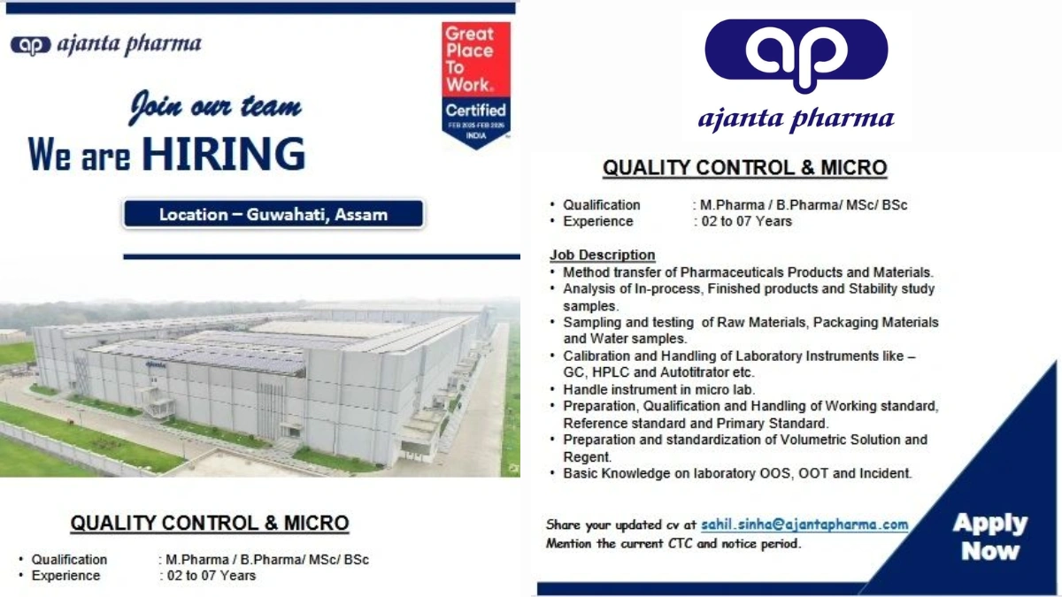Ajanta Pharma Hiring for Quality Control & Microbiology - Guwahati, Assam