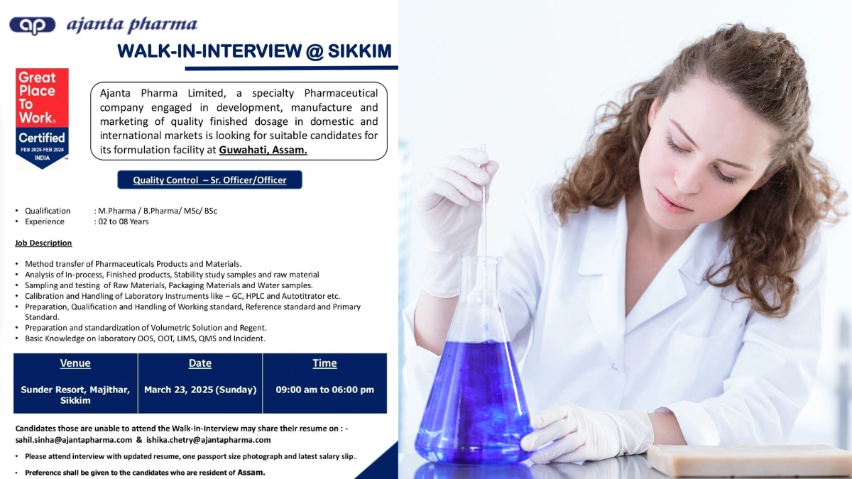 Ajanta Pharma - Walk-In Interview for Quality Control Roles in Sikkim