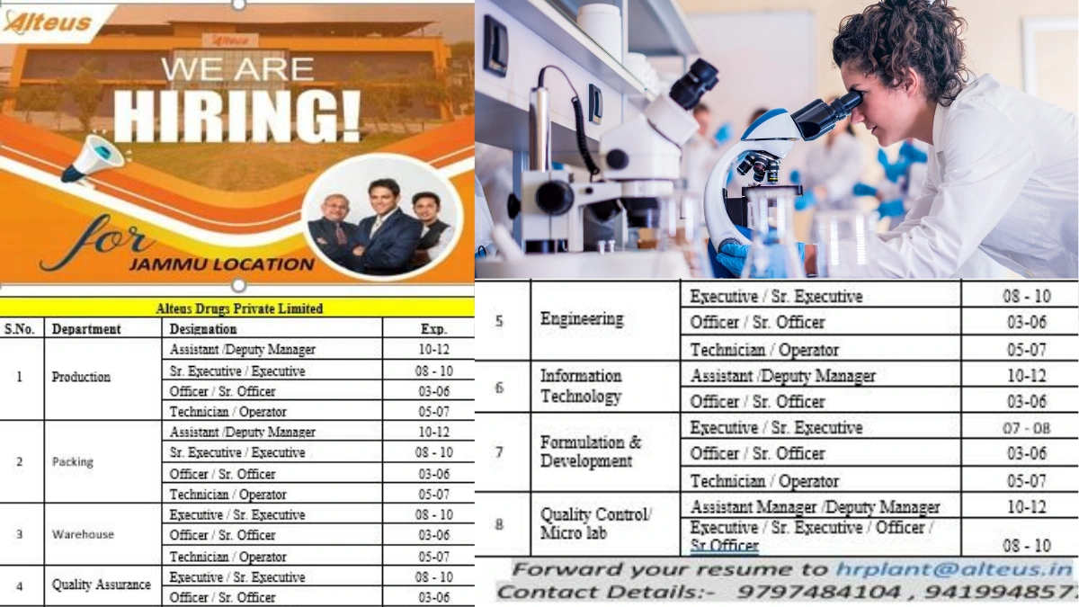 Alteus Drugs Private Limited Hiring – Multiple Positions in Jammu