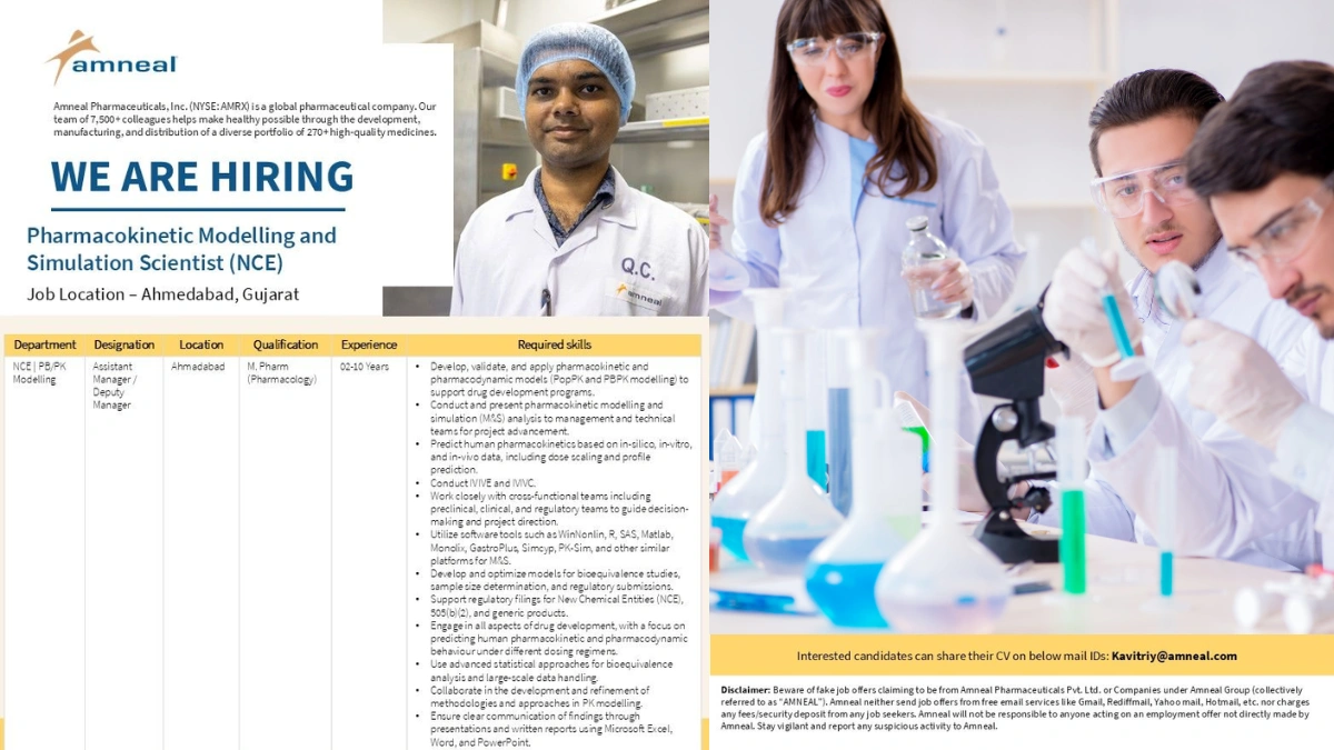 Amneal Pharmaceuticals Hiring for Pharmacokinetic Modelling and Simulation Scientist (NCE)