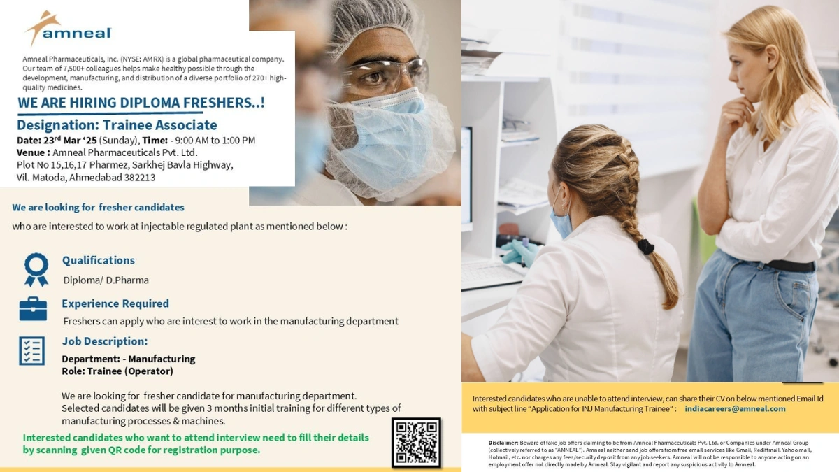 Amneal Pharmaceuticals Hiring for Trainee Associate for Injectable Manufacturing