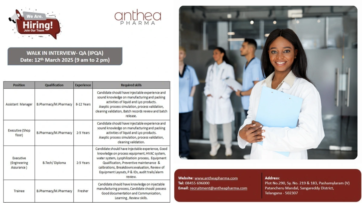 Anthea Pharma Walk-In Interview - QA (IPQA) Roles in Telangana