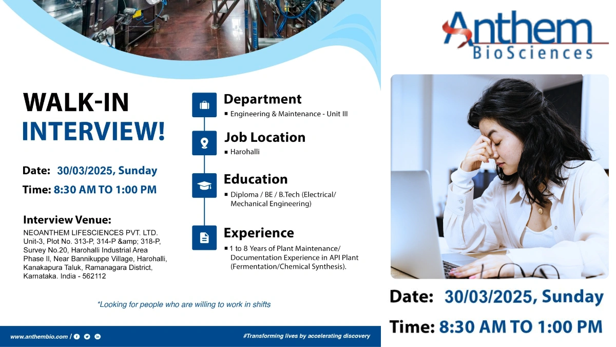 Anthem BioSciences – Walk-In Interview for Engineering & Maintenance Roles