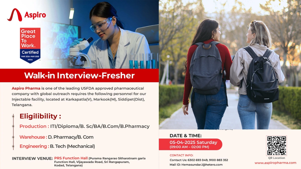 Aspiro Pharma - Walk-In Interview for Freshers in Production, Warehouse, Engineering Department